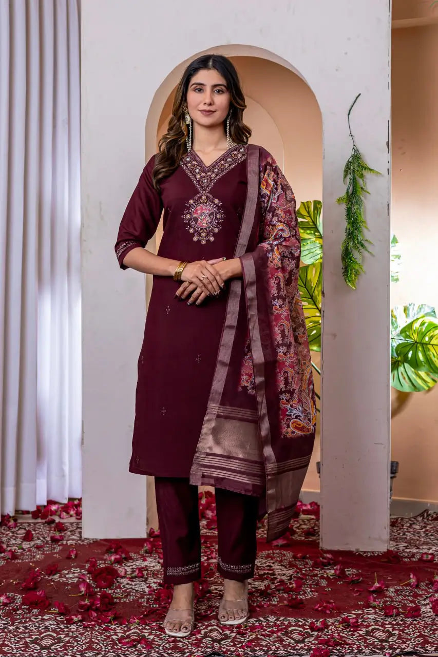 Premium Viscose Silk Embroidered Kurti Set with Pant & Chanderi Silk Dupatta – Stitched 3-Piece Suit