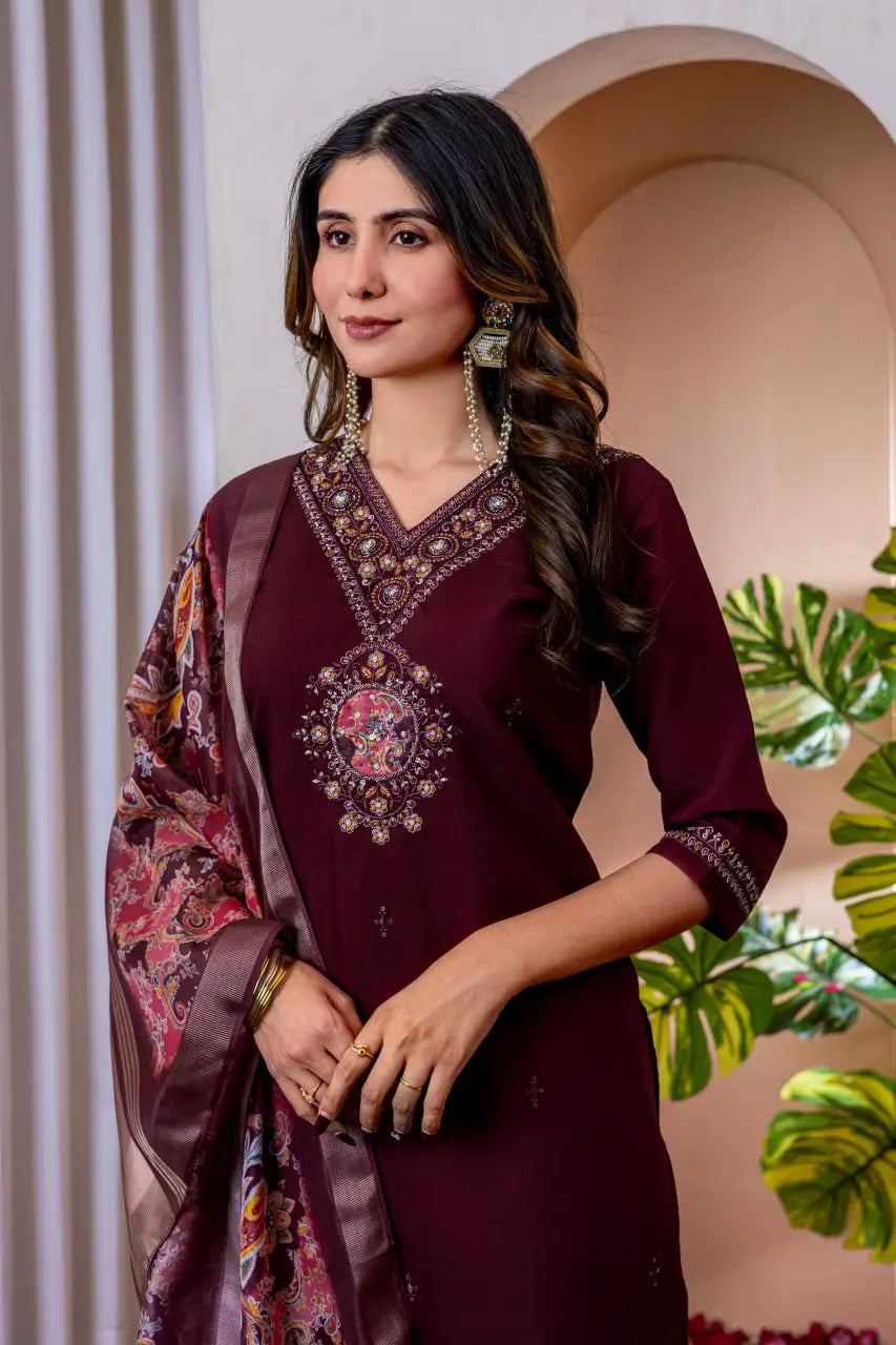 Premium Viscose Silk Embroidered Kurti Set with Pant & Chanderi Silk Dupatta – Stitched 3-Piece Suit