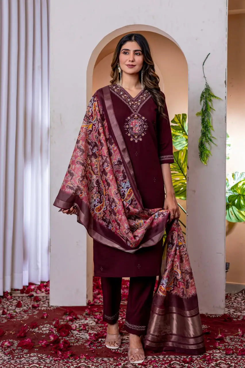 Premium Viscose Silk Embroidered Kurti Set with Pant & Chanderi Silk Dupatta – Stitched 3-Piece Suit