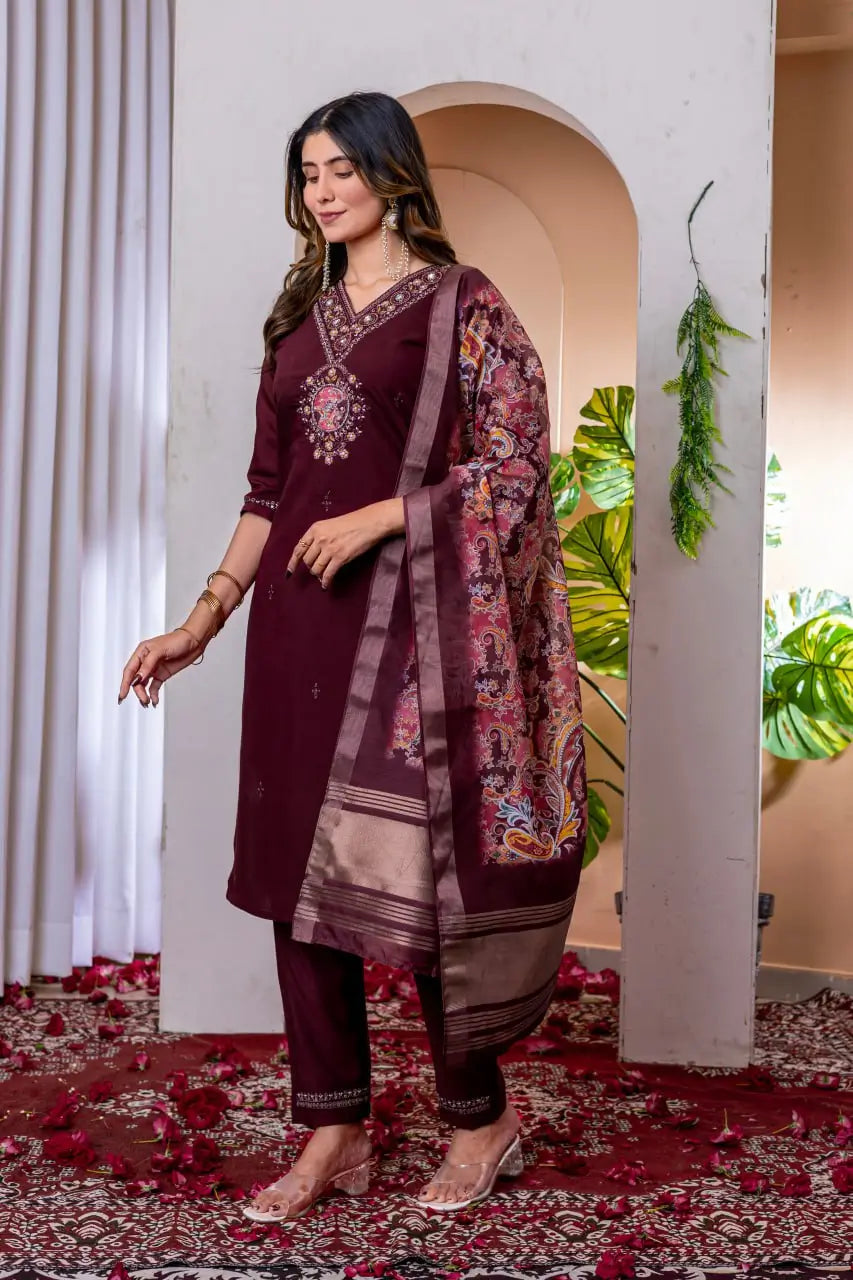 Premium Viscose Silk Embroidered Kurti Set with Pant & Chanderi Silk Dupatta – Stitched 3-Piece Suit