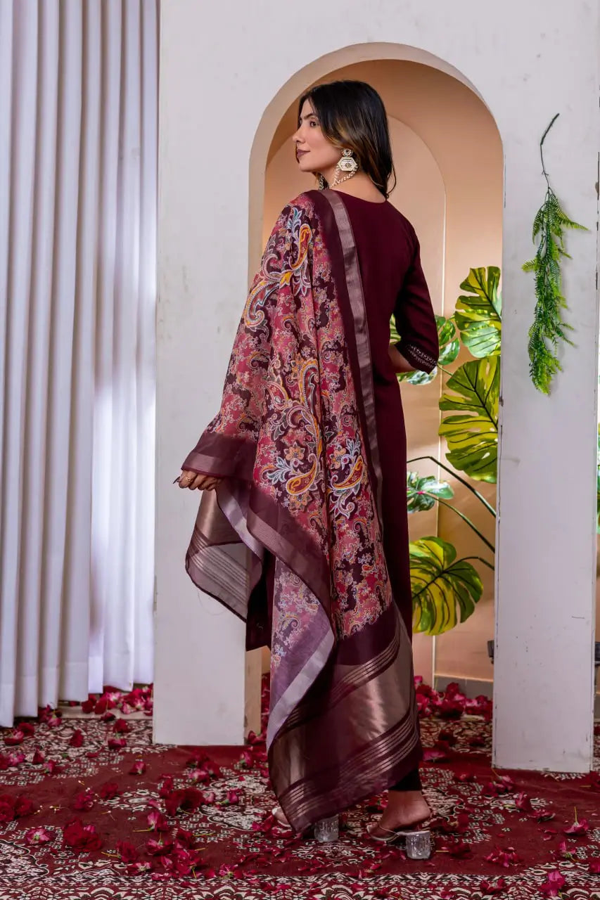 Premium Viscose Silk Embroidered Kurti Set with Pant & Chanderi Silk Dupatta – Stitched 3-Piece Suit