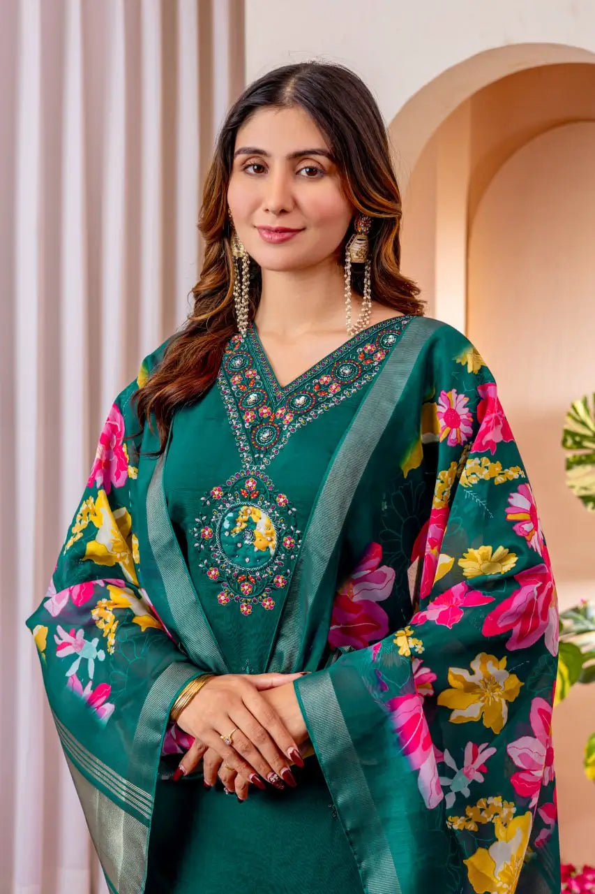 Premium Viscose Silk Embroidered Kurti Set with Pant & Chanderi Silk Dupatta – Stitched 3-Piece Suit