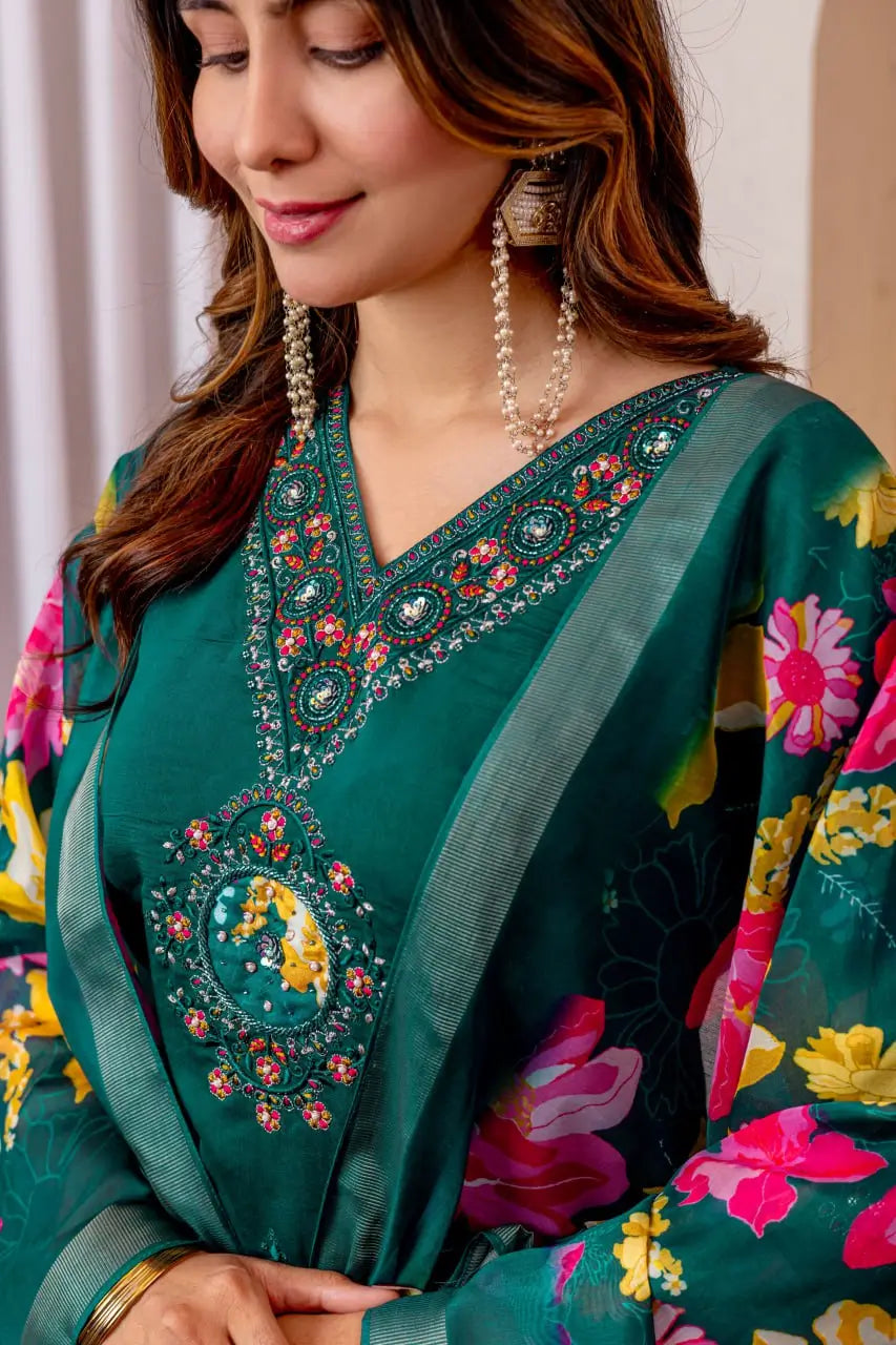 Premium Viscose Silk Embroidered Kurti Set with Pant & Chanderi Silk Dupatta – Stitched 3-Piece Suit