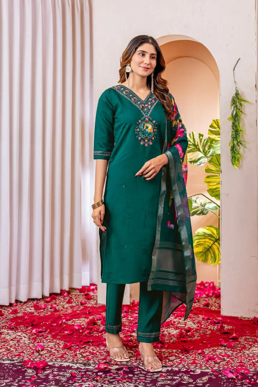 Premium Viscose Silk Embroidered Kurti Set with Pant & Chanderi Silk Dupatta – Stitched 3-Piece Suit