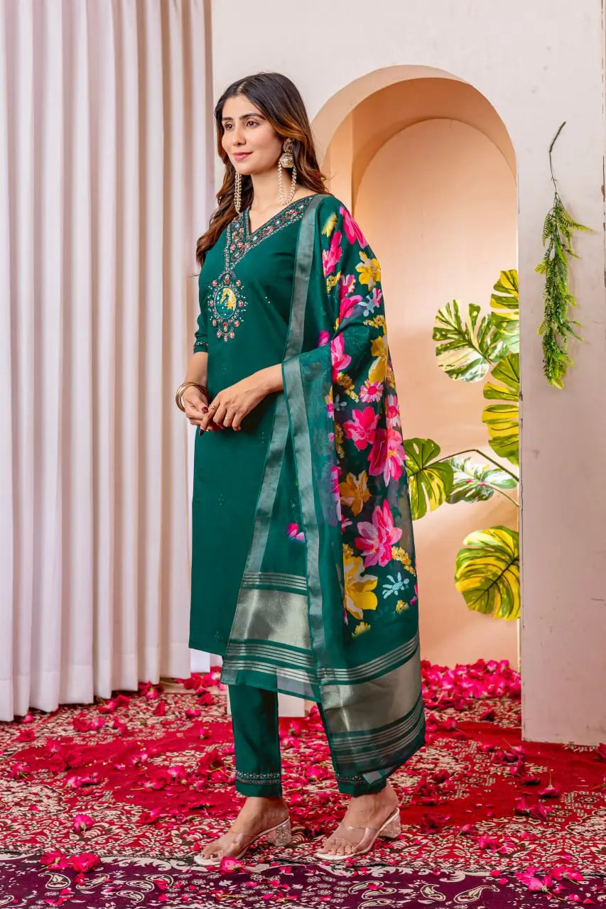 Premium Viscose Silk Embroidered Kurti Set with Pant & Chanderi Silk Dupatta – Stitched 3-Piece Suit