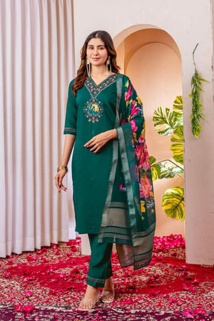 Premium Viscose Silk Embroidered Kurti Set with Pant & Chanderi Silk Dupatta – Stitched 3-Piece Suit