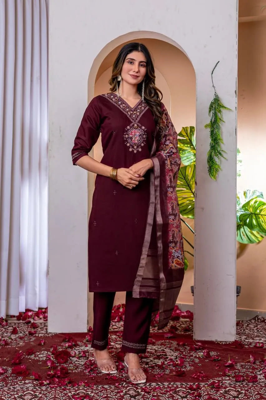 Premium Viscose Silk Embroidered Kurti Set with Pant & Chanderi Silk Dupatta – Stitched 3-Piece Suit