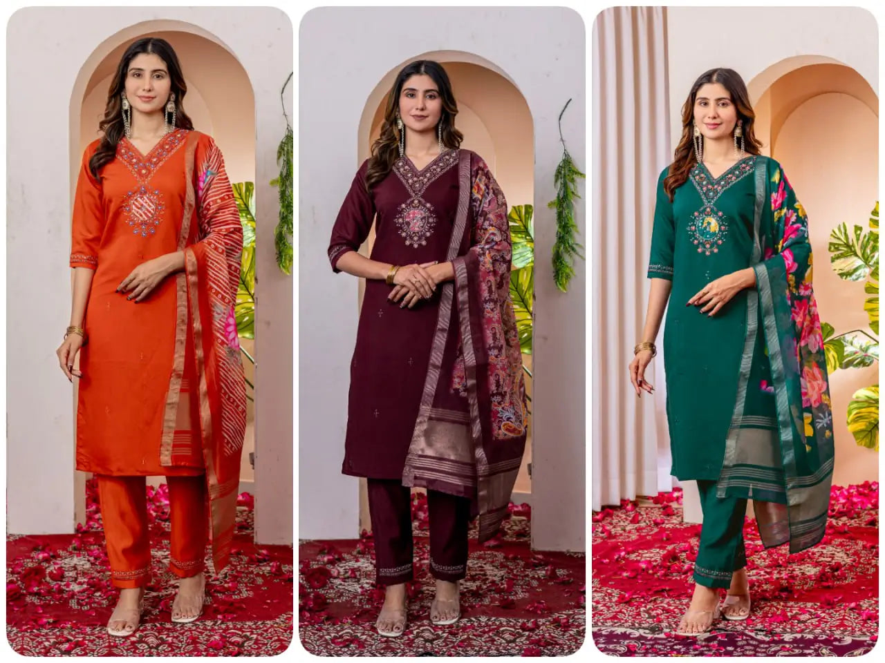 Premium Viscose Silk Embroidered Kurti Set with Pant & Chanderi Silk Dupatta – Stitched 3-Piece Suit