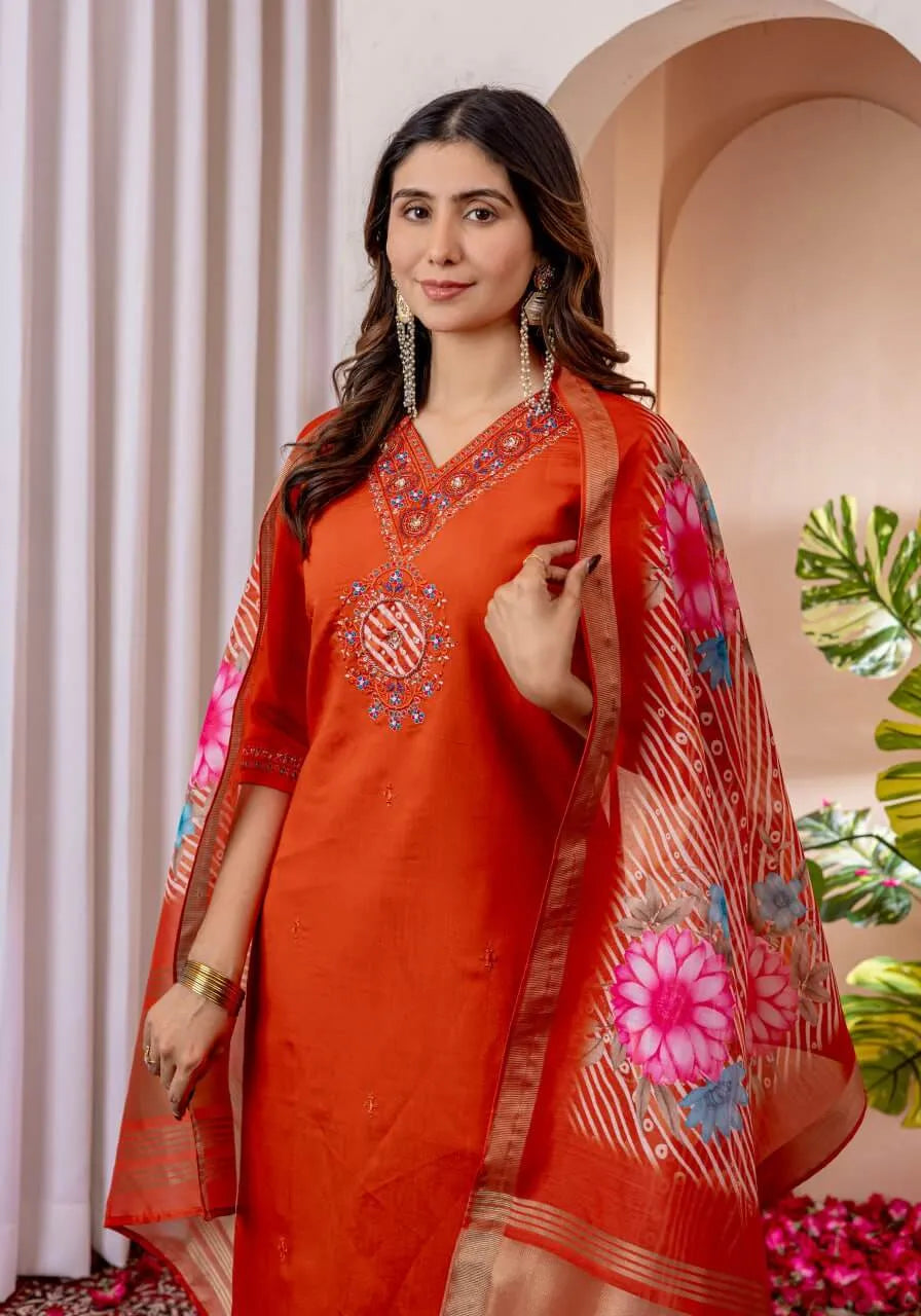 Premium Viscose Silk Embroidered Kurti Set with Pant & Chanderi Silk Dupatta – Stitched 3-Piece Suit
