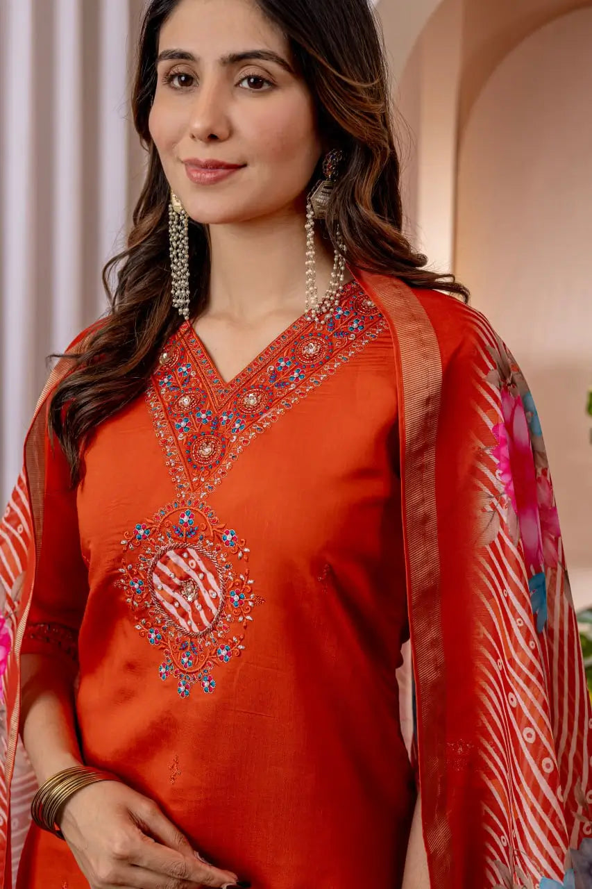 Premium Viscose Silk Embroidered Kurti Set with Pant & Chanderi Silk Dupatta – Stitched 3-Piece Suit