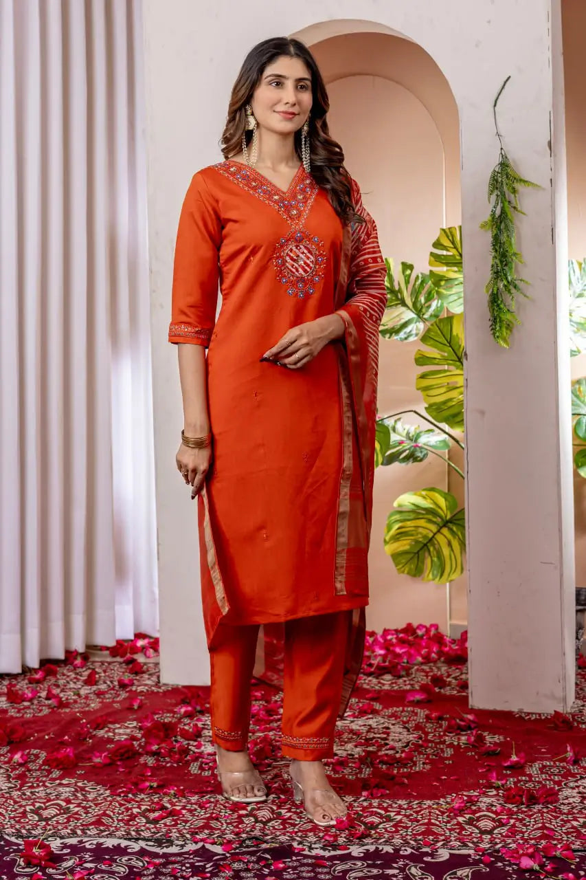 Premium Viscose Silk Embroidered Kurti Set with Pant & Chanderi Silk Dupatta – Stitched 3-Piece Suit