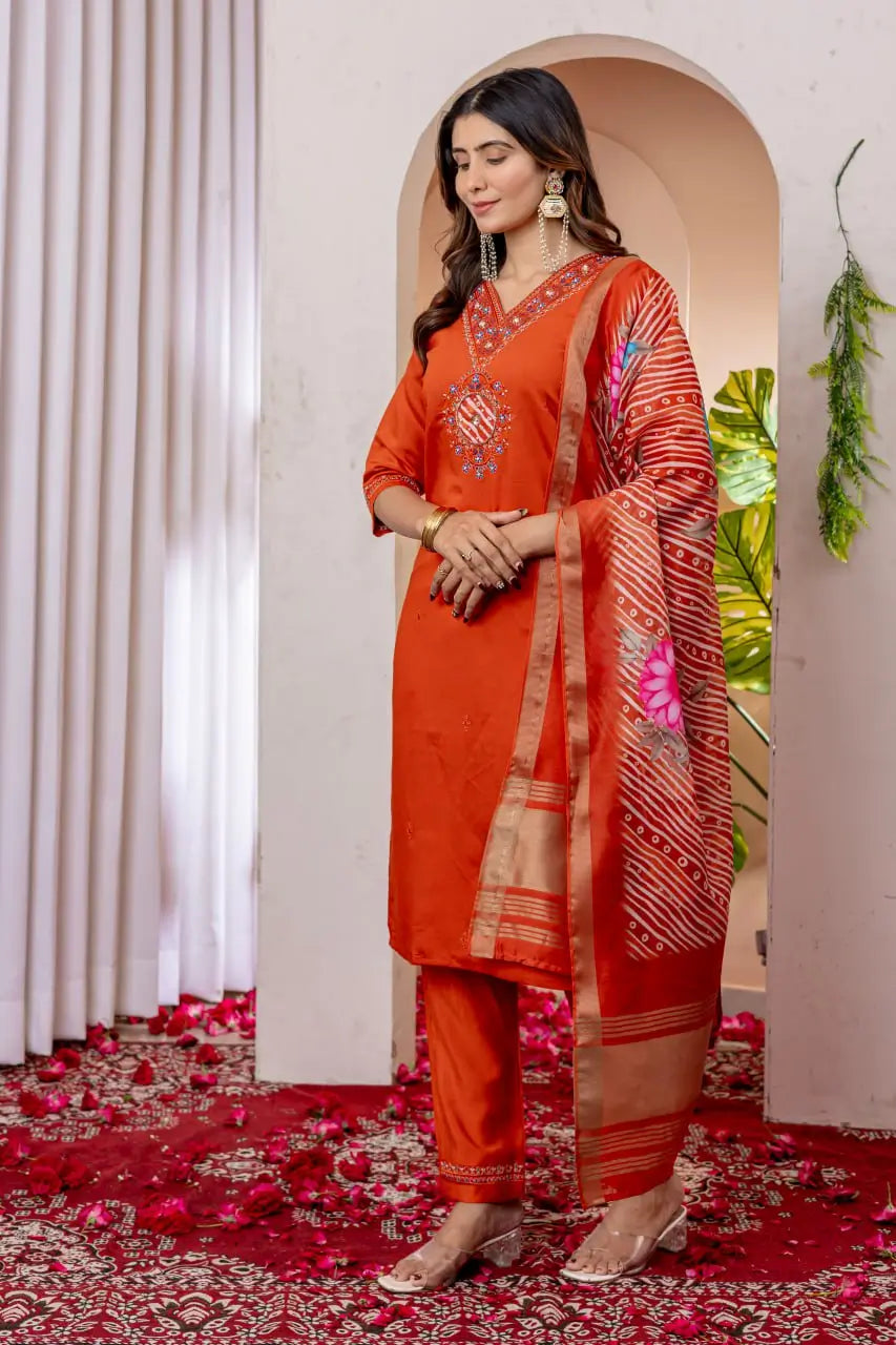 Premium Viscose Silk Embroidered Kurti Set with Pant & Chanderi Silk Dupatta – Stitched 3-Piece Suit