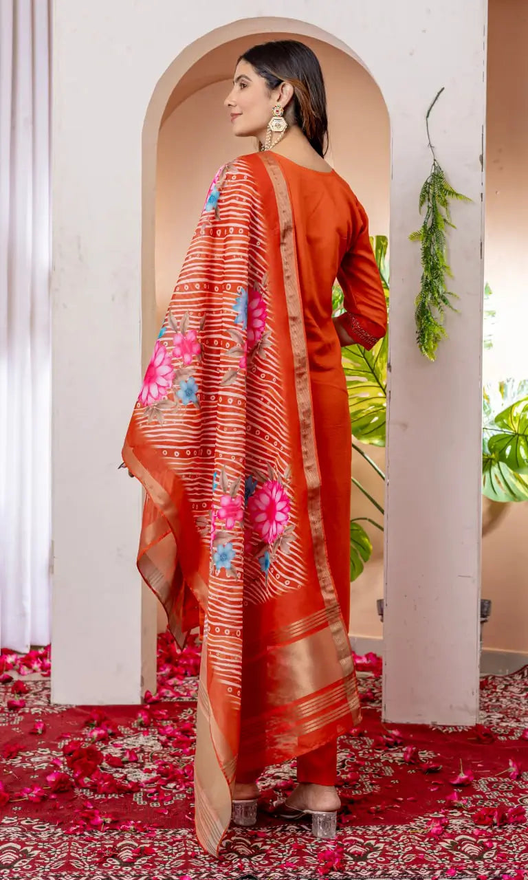 Premium Viscose Silk Embroidered Kurti Set with Pant & Chanderi Silk Dupatta – Stitched 3-Piece Suit