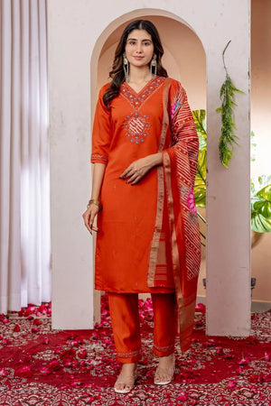 Premium Viscose Silk Embroidered Kurti Set with Pant & Chanderi Silk Dupatta – Stitched 3-Piece Suit