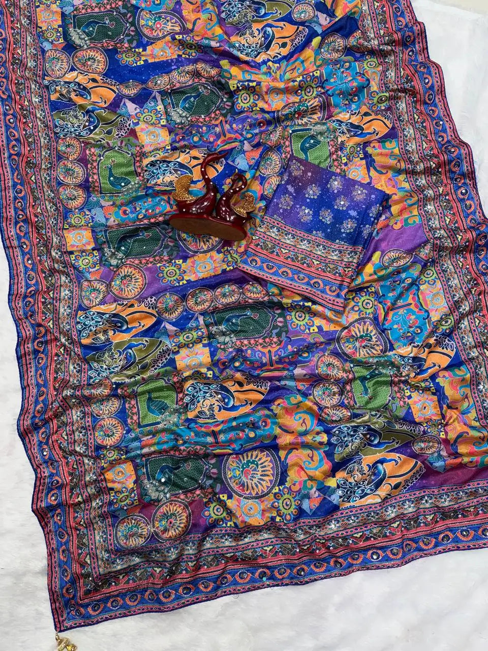 Printed Chinnon Saree with Mirror Zari Work