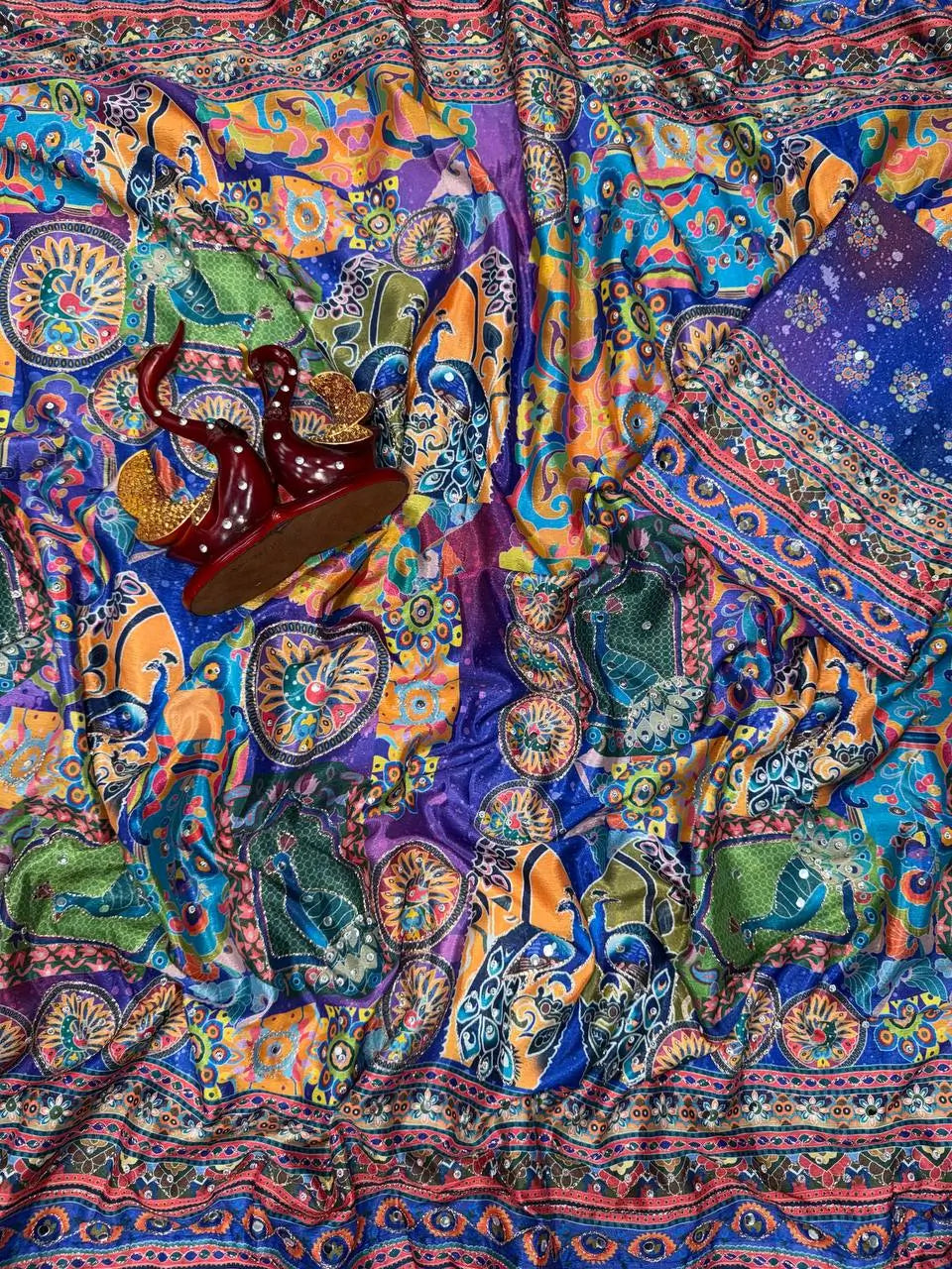 Printed Chinnon Saree with Mirror Zari Work