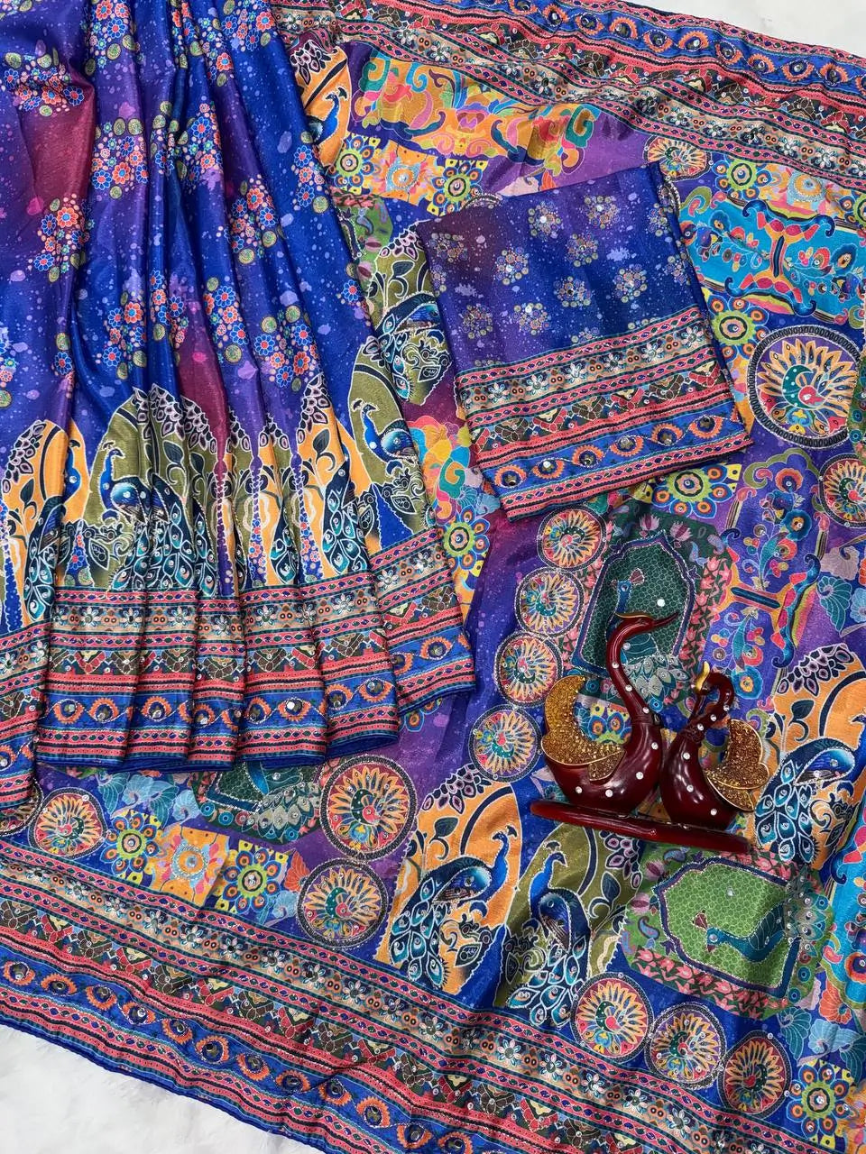 Printed Chinnon Saree with Mirror Zari Work