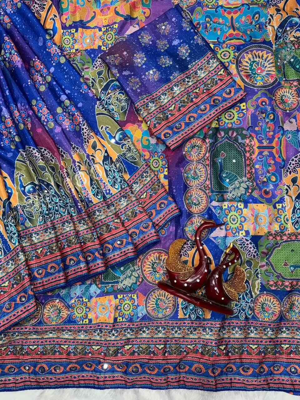Printed Chinnon Saree with Mirror Zari Work