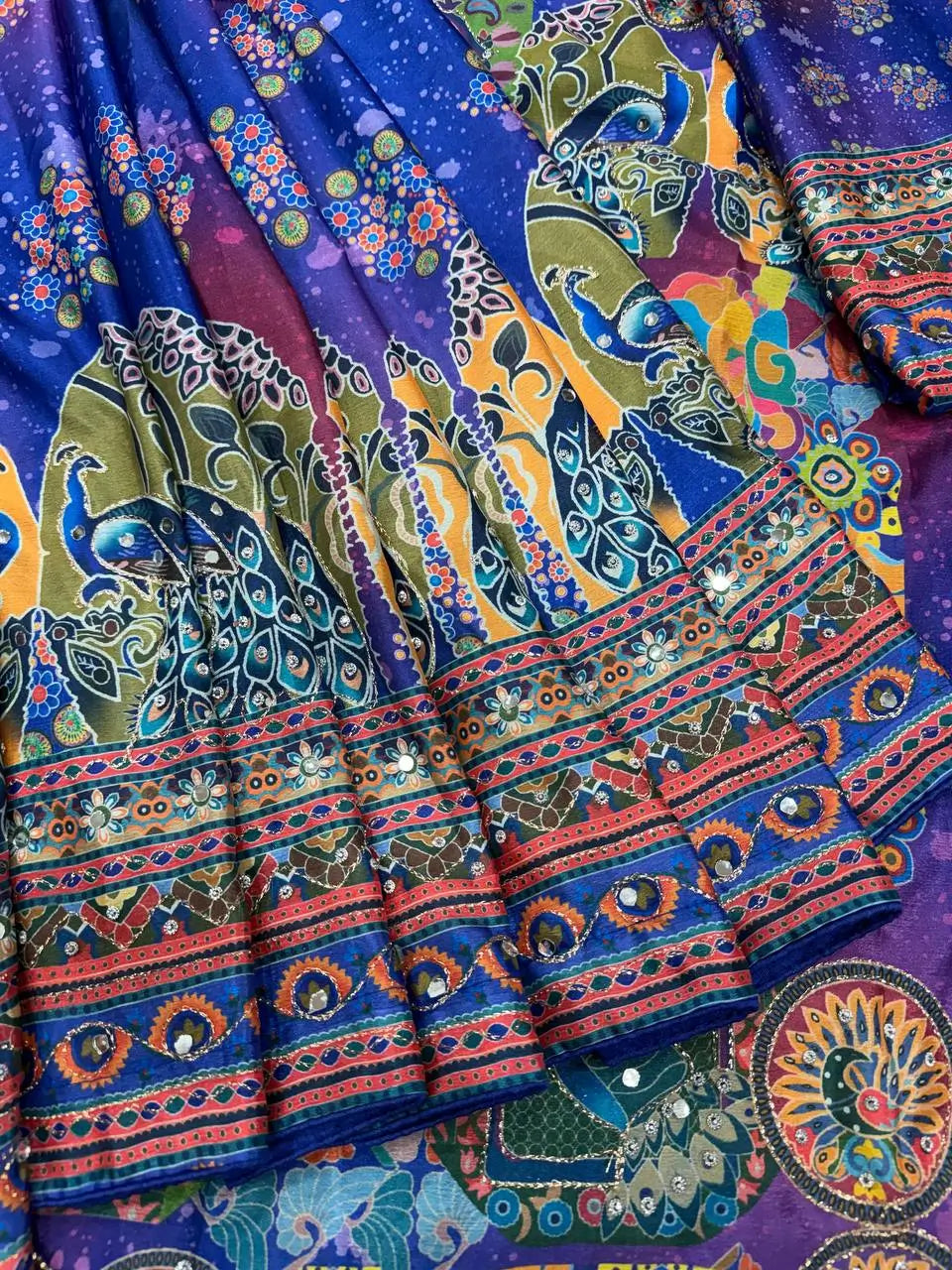 Printed Chinnon Saree with Mirror Zari Work