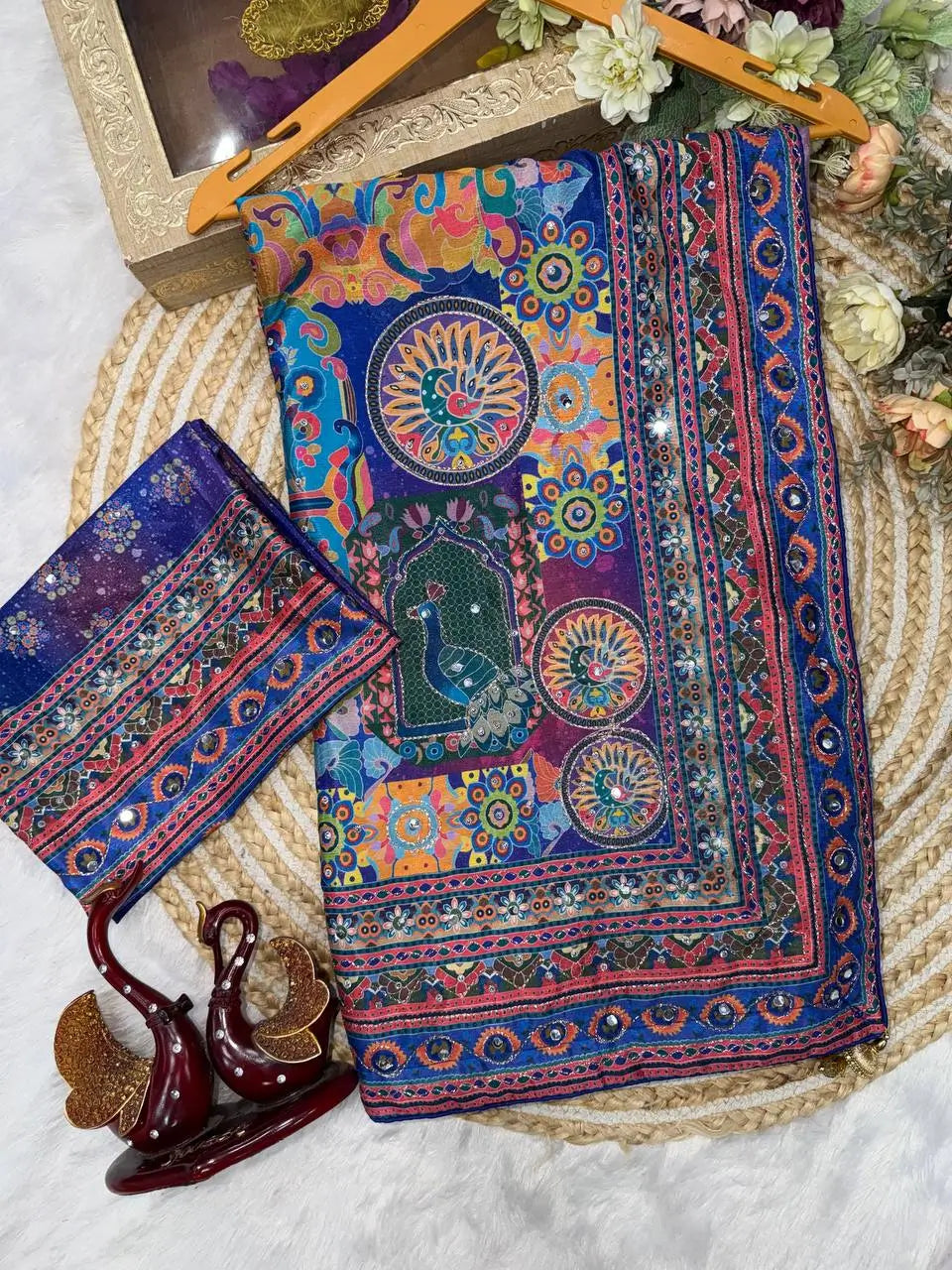 Printed Chinnon Saree with Mirror Zari Work