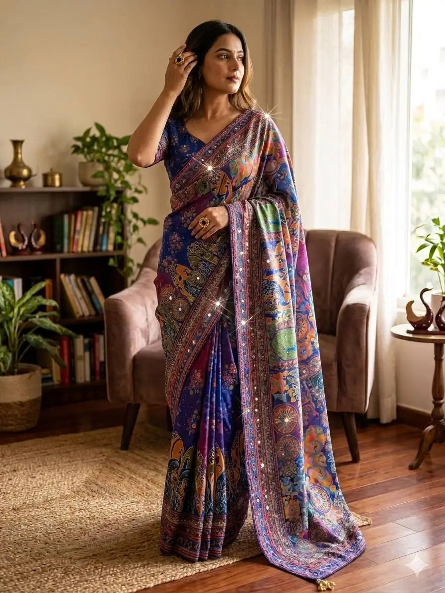 Printed Chinnon Saree with Mirror Zari Work