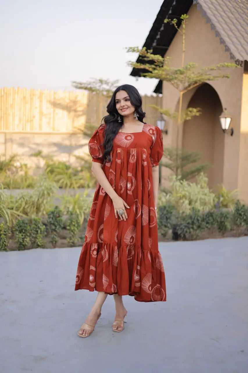 Printed Cotton Maxi Dress with Tiered Flair for Summer and Casual Wear