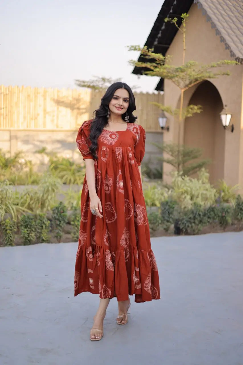 Printed Cotton Maxi Dress with Tiered Flair for Summer and Casual Wear