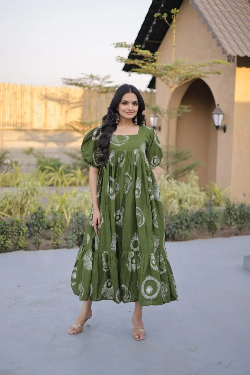 Printed Cotton Maxi Dress with Tiered Flair for Summer and Casual Wear