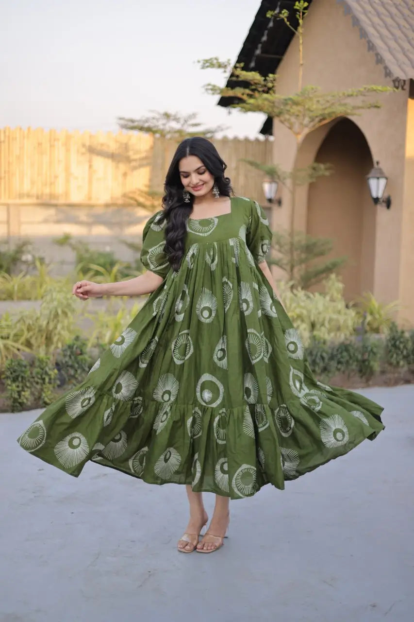 Printed Cotton Maxi Dress with Tiered Flair for Summer and Casual Wear