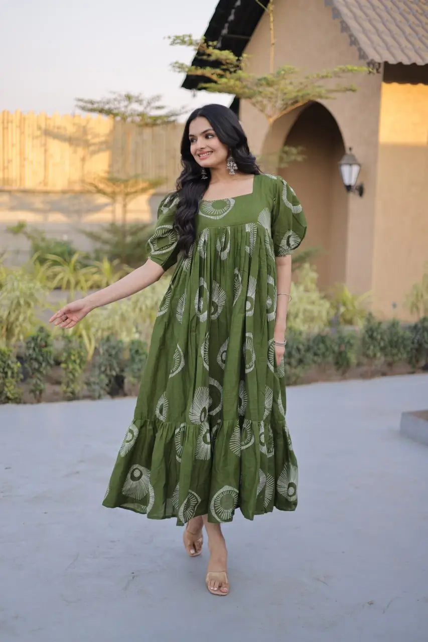 Printed Cotton Maxi Dress with Tiered Flair for Summer and Casual Wear