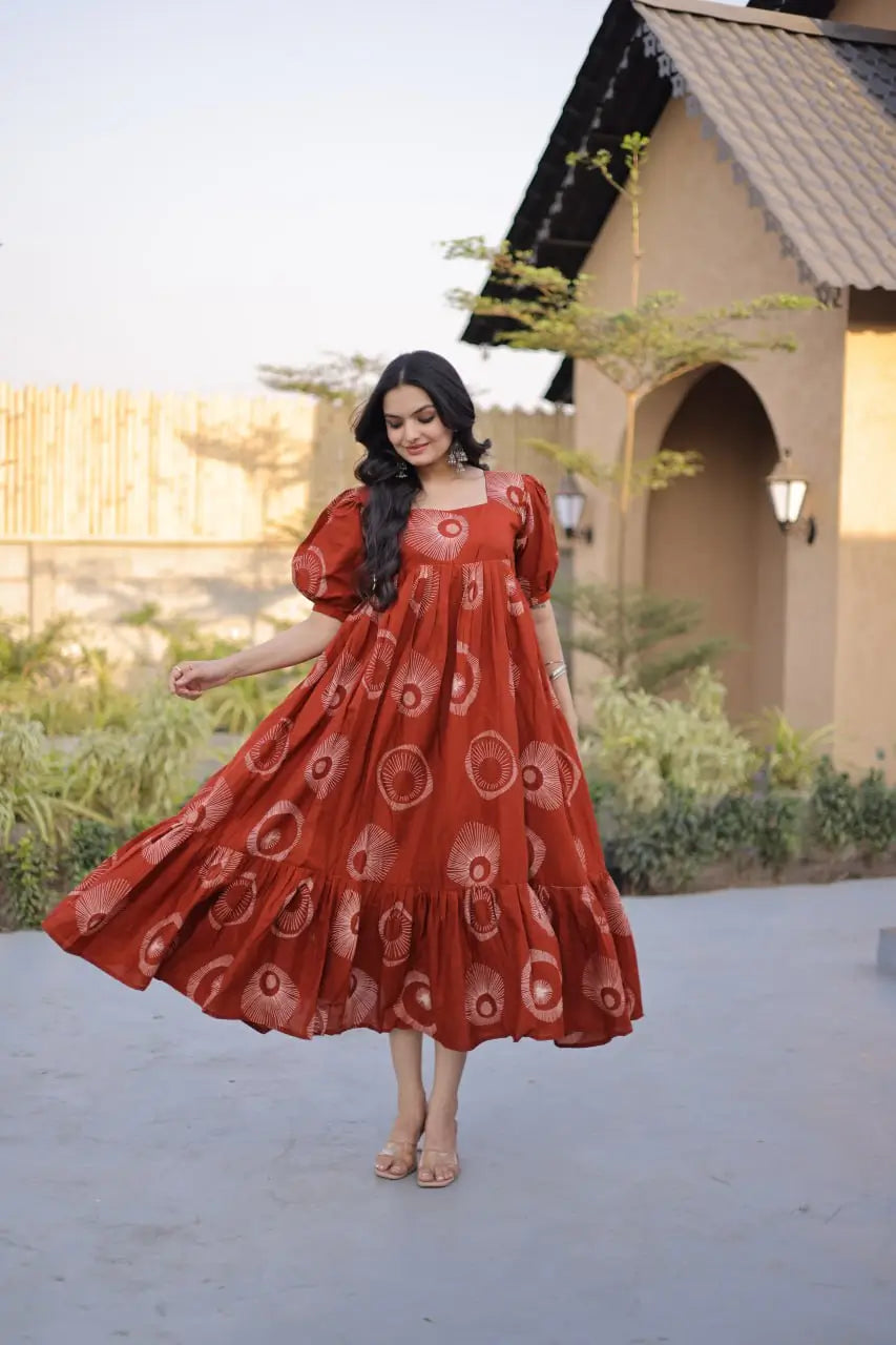 Printed Cotton Maxi Dress with Tiered Flair for Summer and Casual Wear
