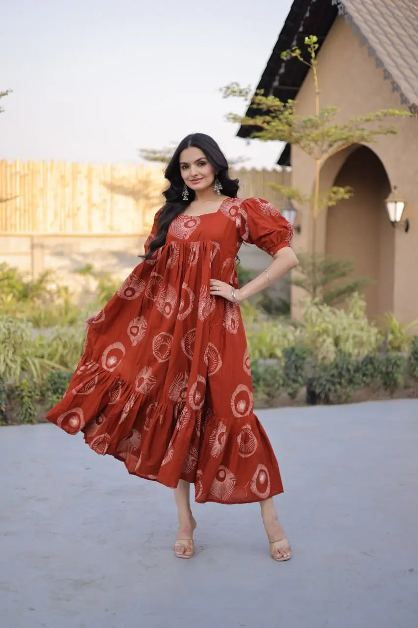 Printed Cotton Maxi Dress with Tiered Flair for Summer and Casual Wear