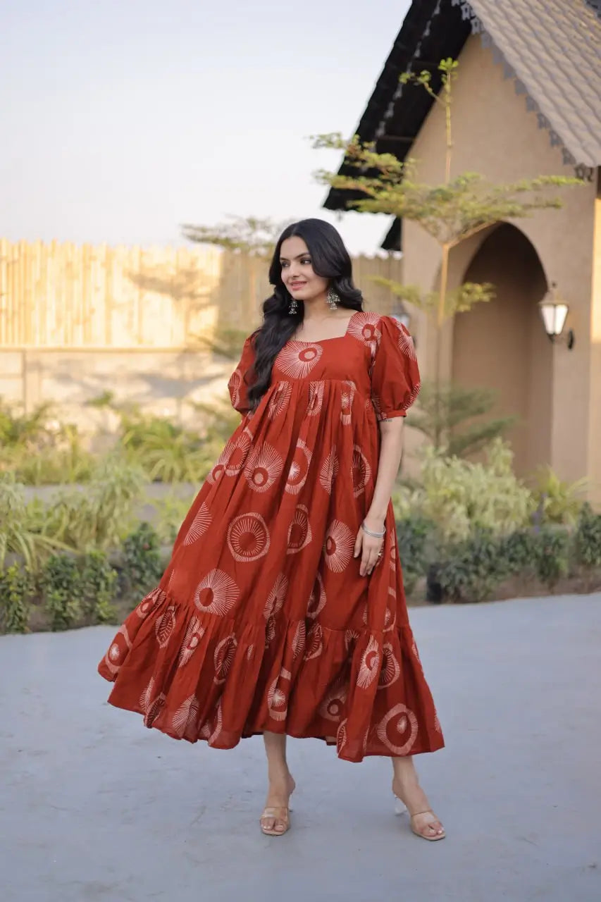 Printed Cotton Maxi Dress with Tiered Flair for Summer and Casual Wear