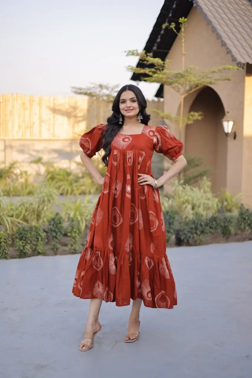 Printed Cotton Maxi Dress with Tiered Flair for Summer and Casual Wear
