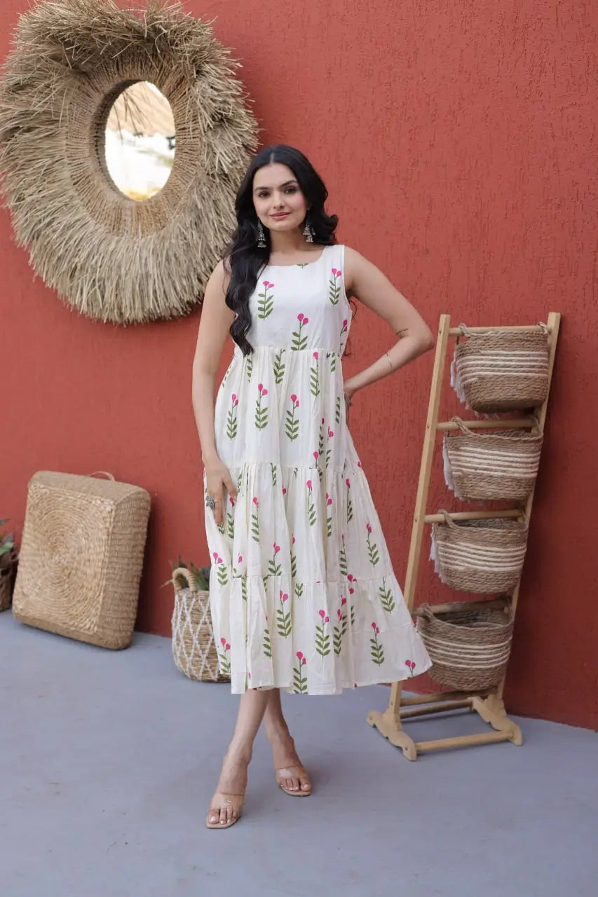 Printed Cotton Sleeveless Dress with Tiered Flair for Summer and Casual Wear