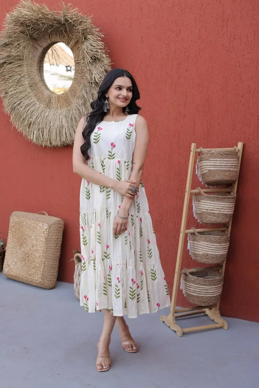 Printed Cotton Sleeveless Dress with Tiered Flair for Summer and Casual Wear