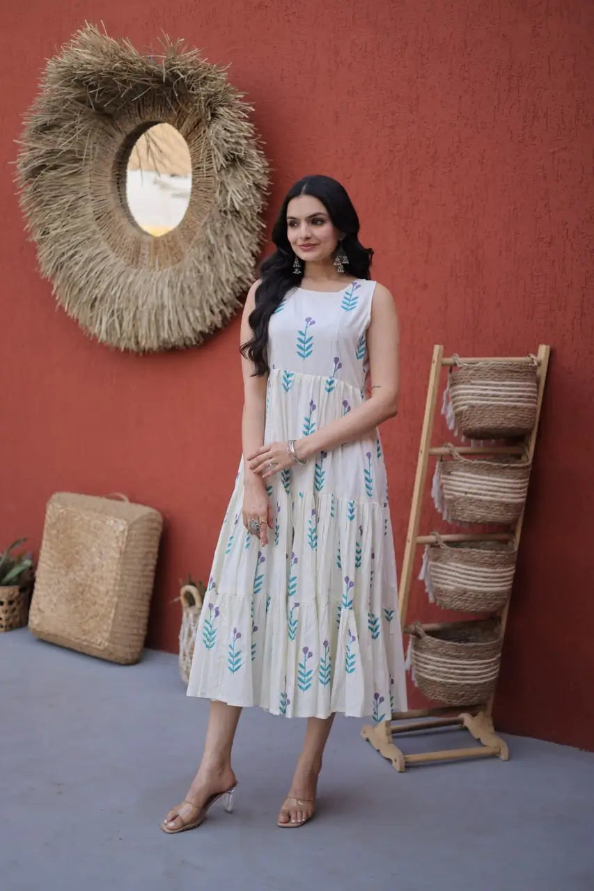 Printed Cotton Sleeveless Dress with Tiered Flair for Summer and Casual Wear