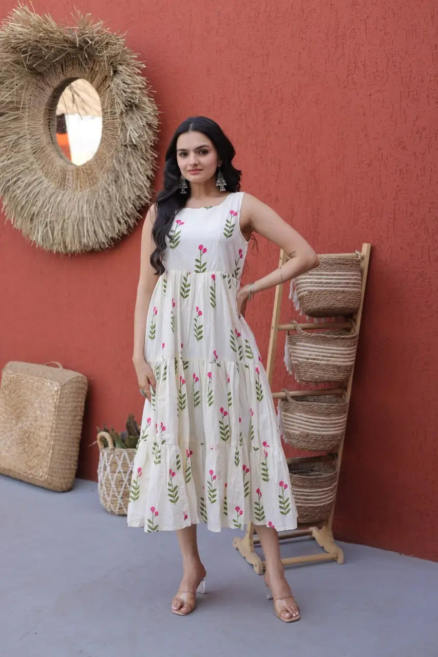 Printed Cotton Sleeveless Dress with Tiered Flair for Summer and Casual Wear