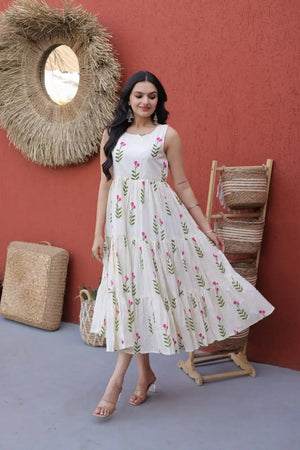 Printed Cotton Sleeveless Dress with Tiered Flair for Summer and Casual Wear