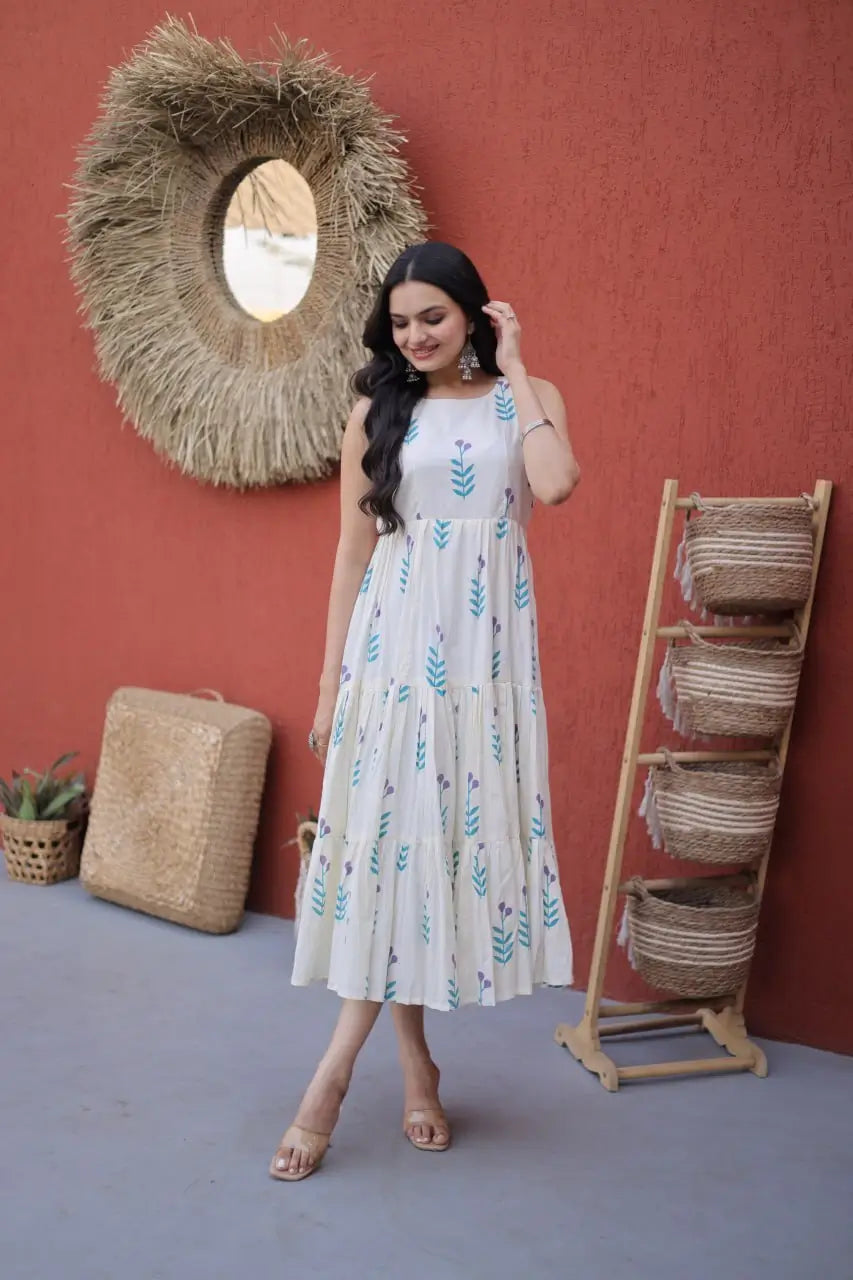 Printed Cotton Sleeveless Dress with Tiered Flair for Summer and Casual Wear