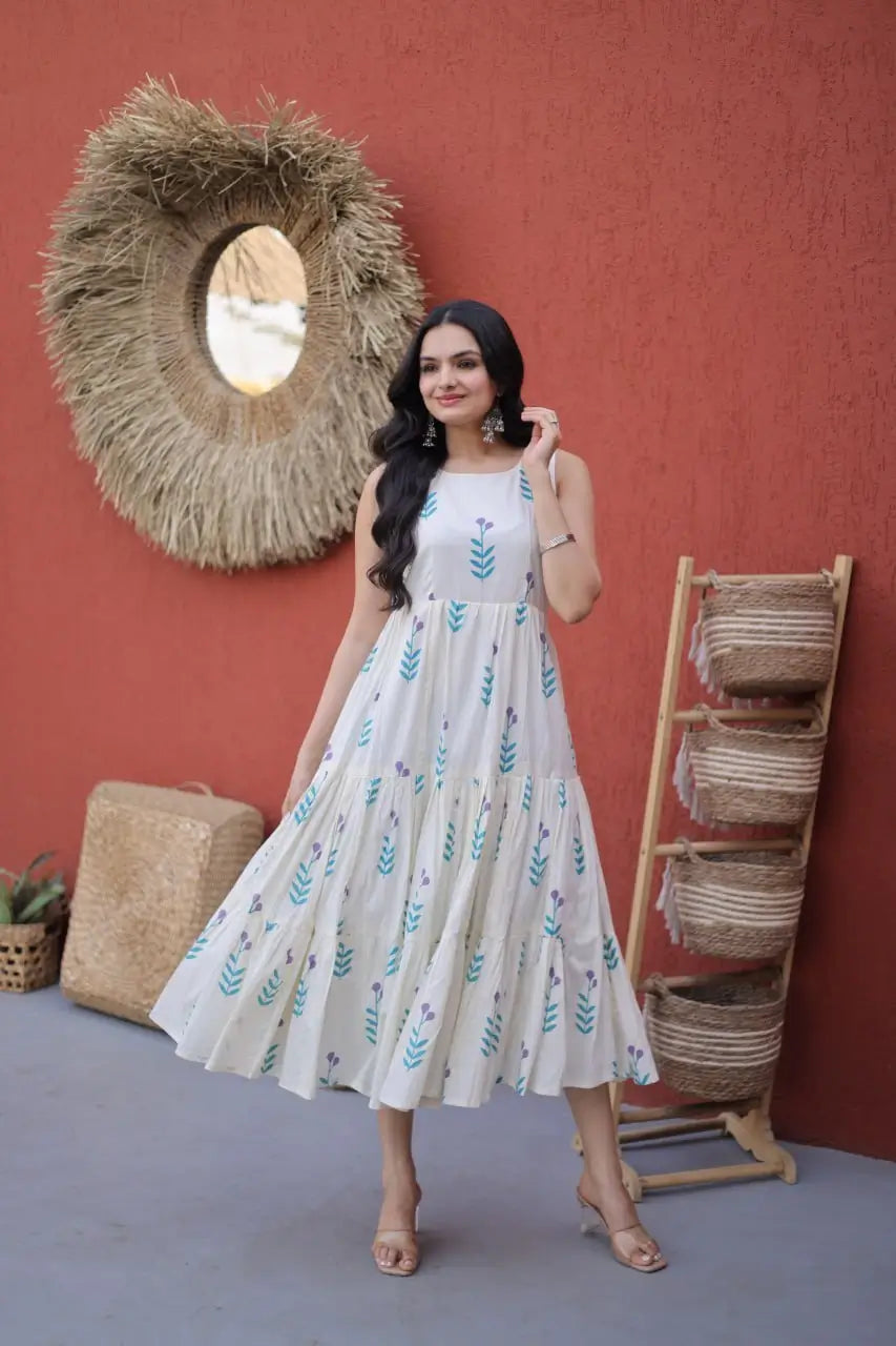 Printed Cotton Sleeveless Dress with Tiered Flair for Summer and Casual Wear