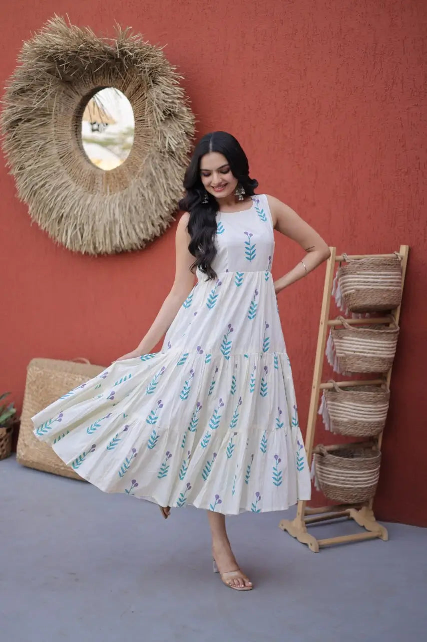 Printed Cotton Sleeveless Dress with Tiered Flair for Summer and Casual Wear