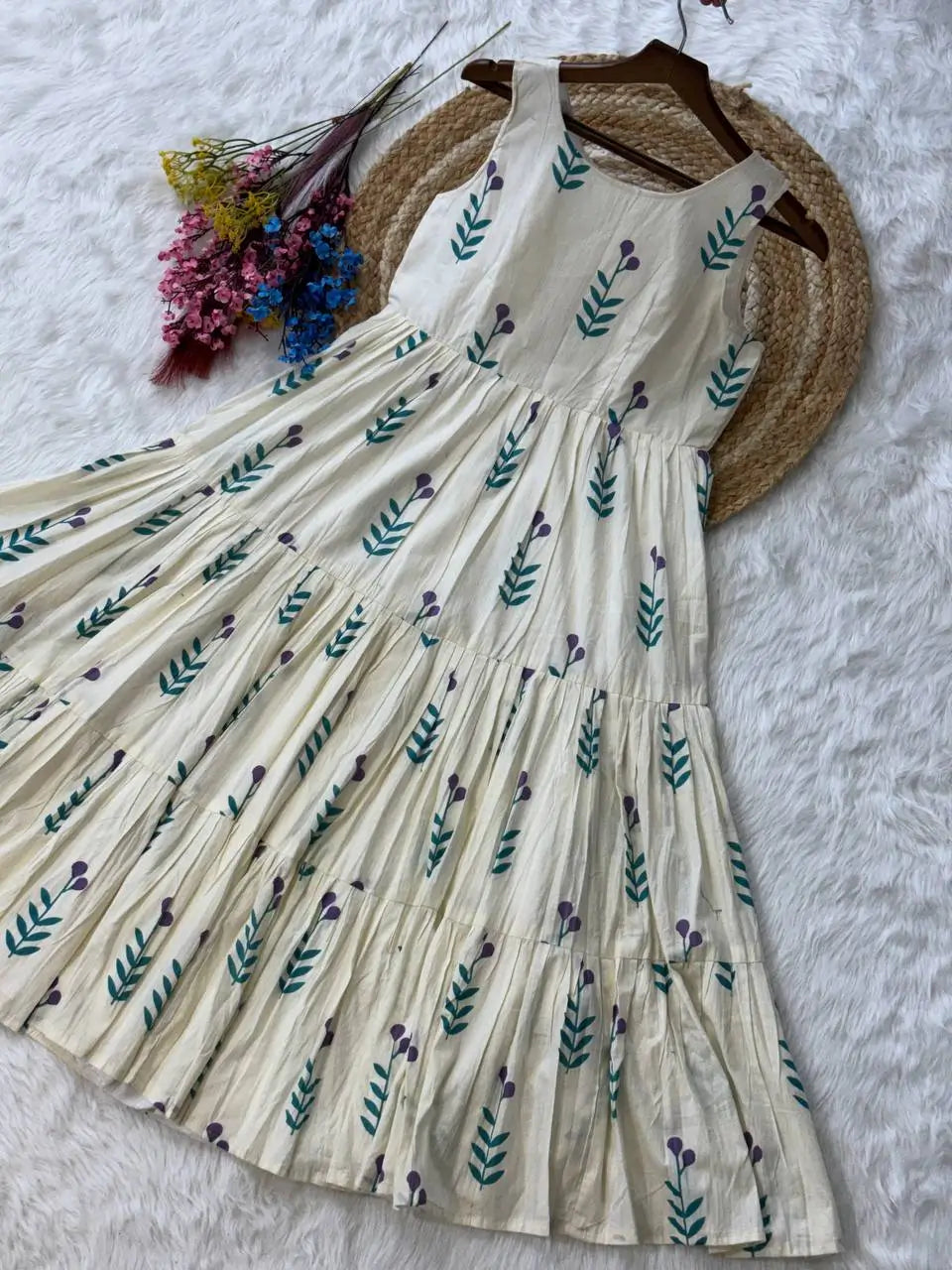 Printed Cotton Sleeveless Dress with Tiered Flair for Summer and Casual Wear