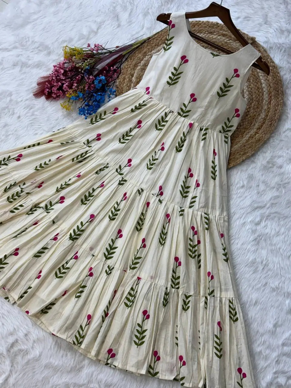 Printed Cotton Sleeveless Dress with Tiered Flair for Summer and Casual Wear