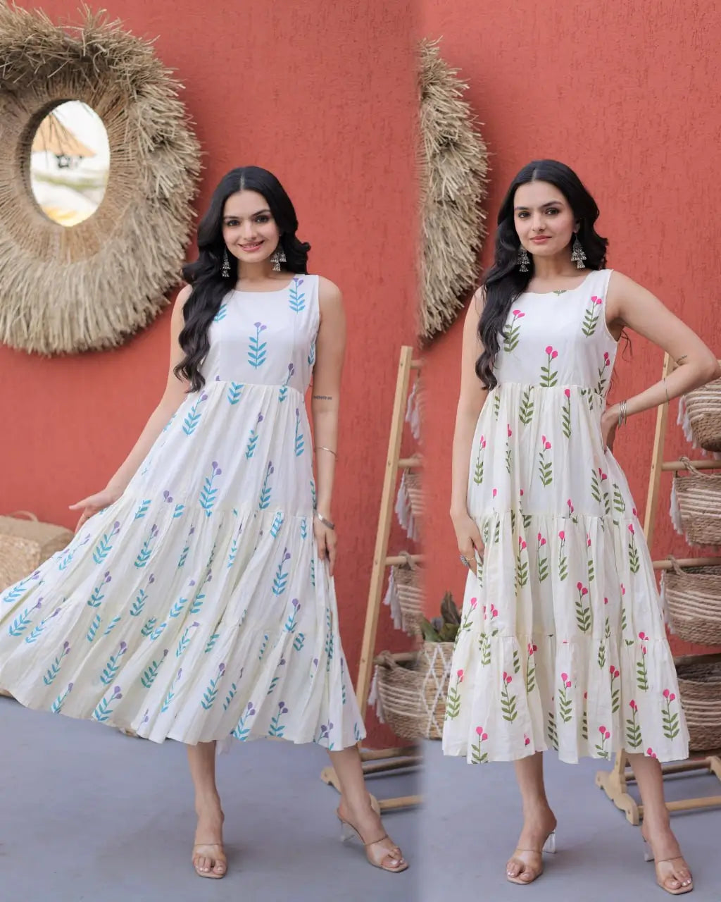 Printed Cotton Sleeveless Dress with Tiered Flair for Summer and Casual Wear