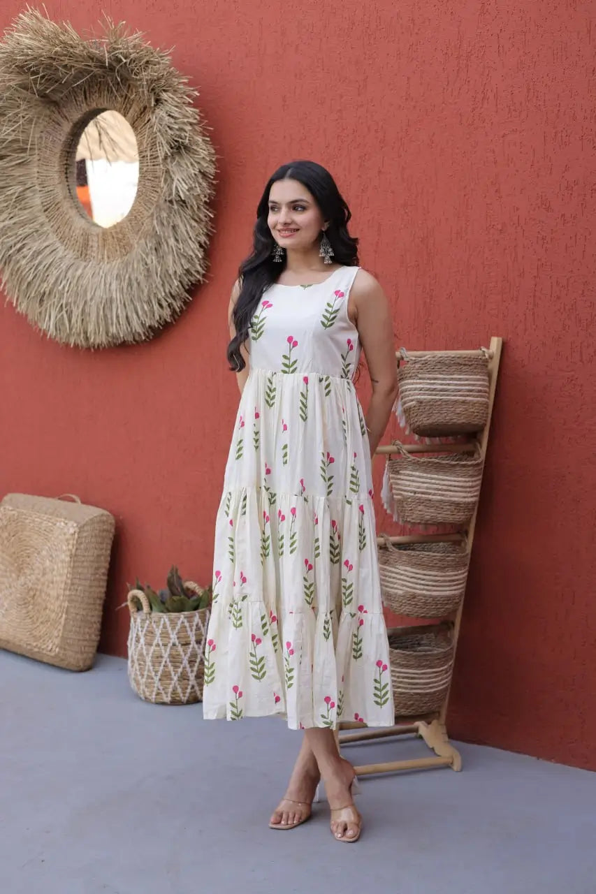 Printed Cotton Sleeveless Dress with Tiered Flair for Summer and Casual Wear