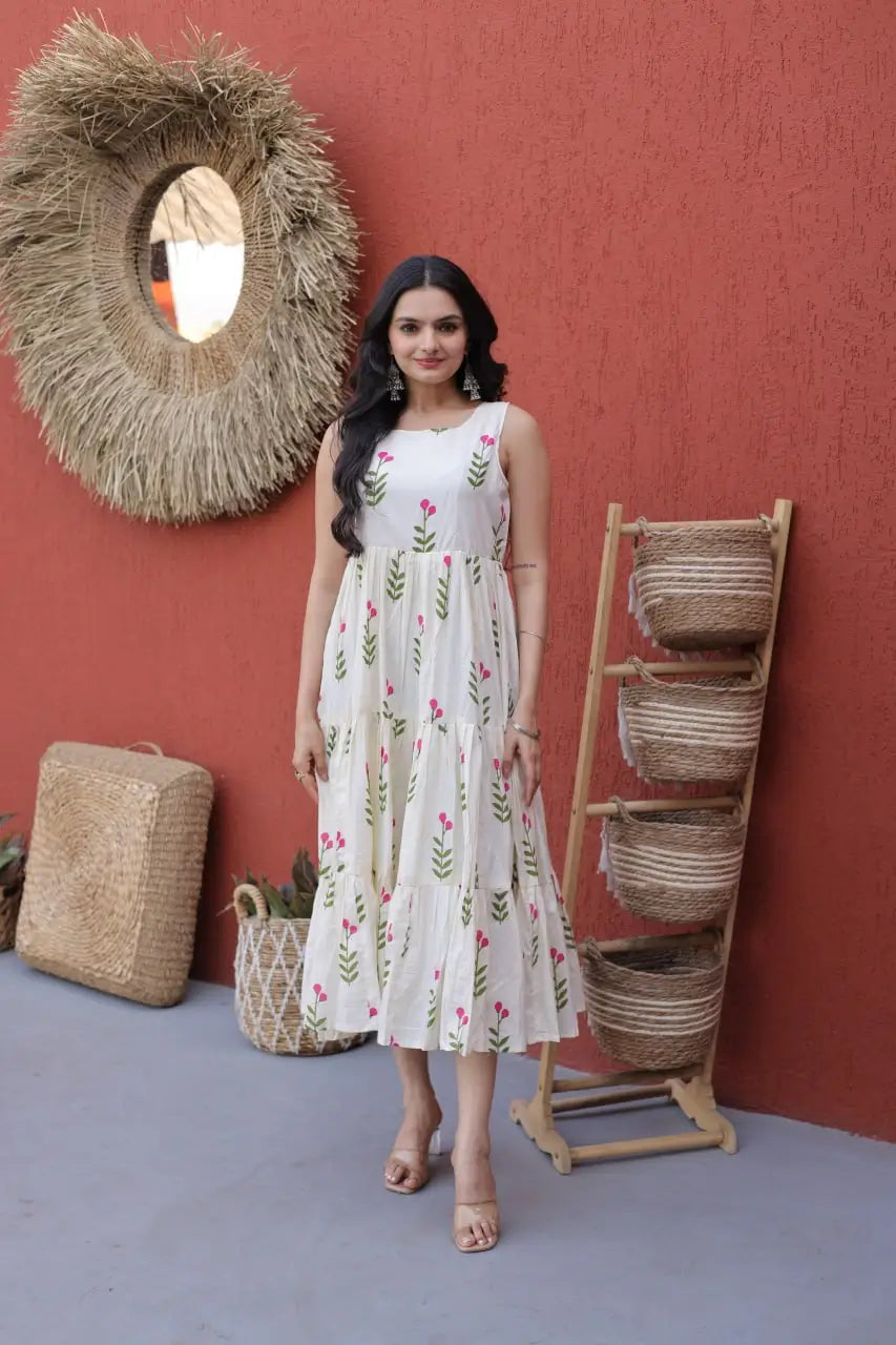 Printed Cotton Sleeveless Dress with Tiered Flair for Summer and Casual Wear