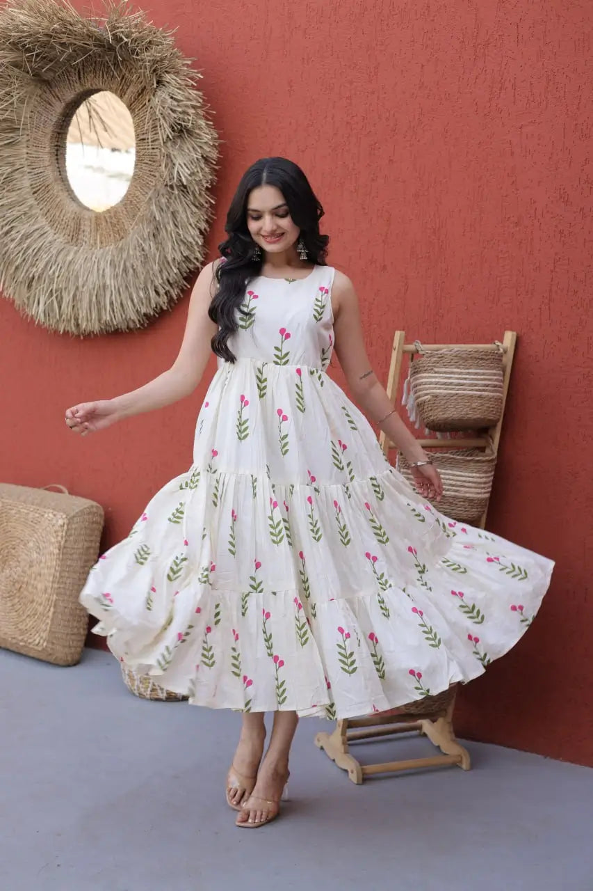 Printed Cotton Sleeveless Dress with Tiered Flair for Summer and Casual Wear