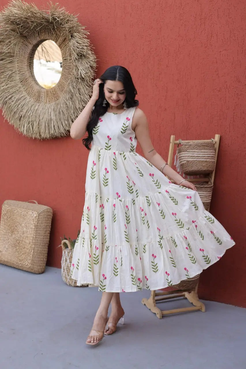 Printed Cotton Sleeveless Dress with Tiered Flair for Summer and Casual Wear