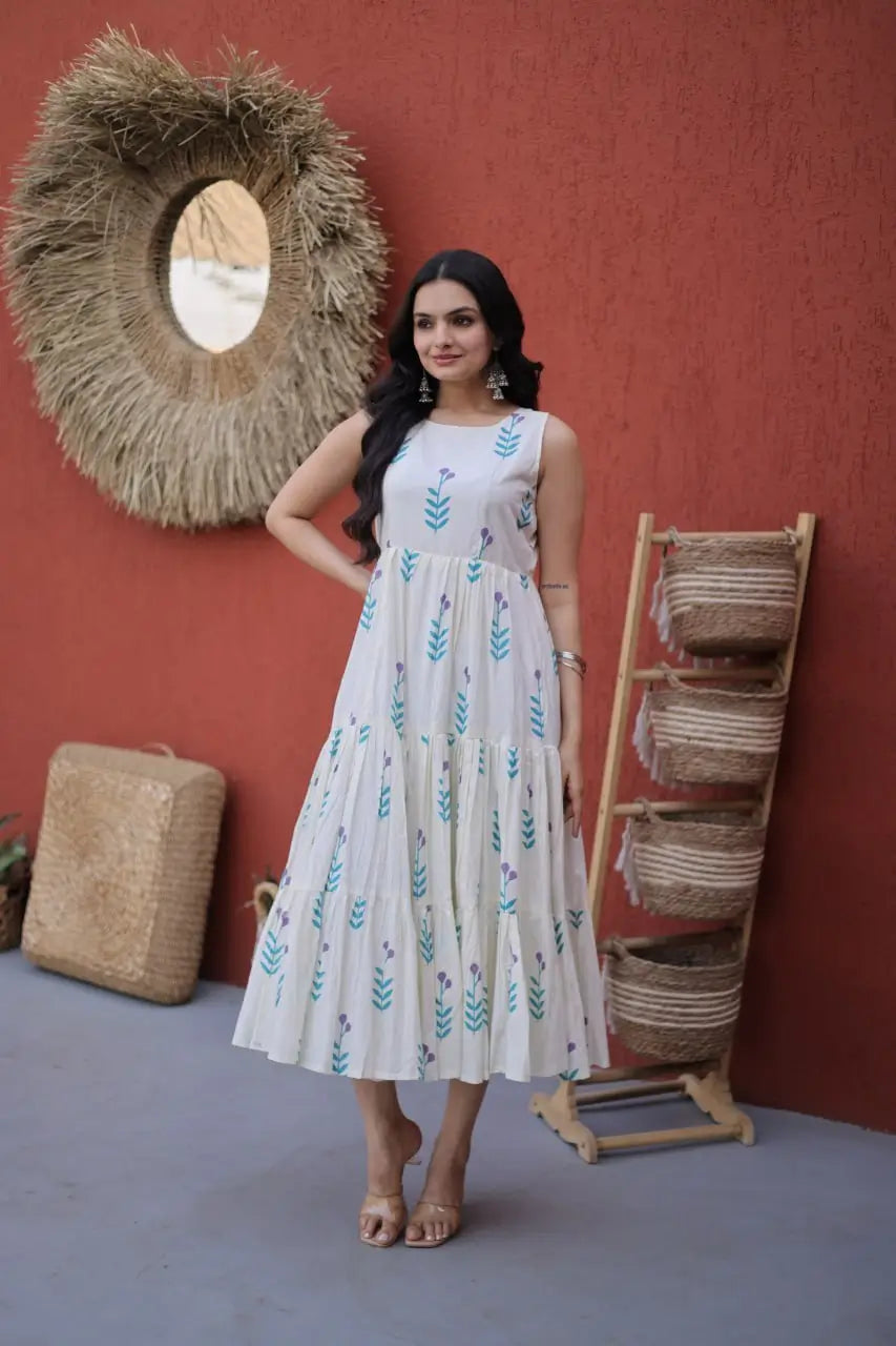 Printed Cotton Sleeveless Dress with Tiered Flair for Summer and Casual Wear